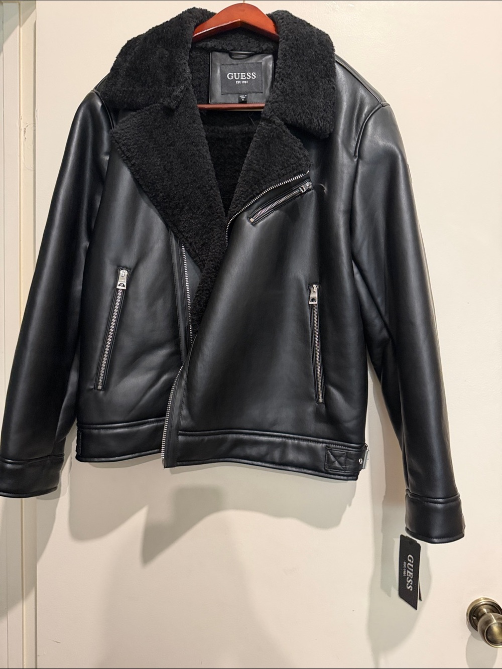 Guess Black Faux Leather Bomber Jacket with Shearling Trim